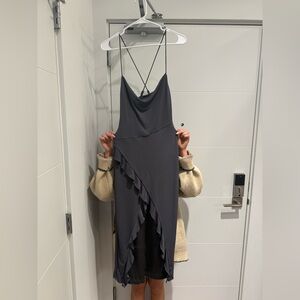 One-Shoulder Ruffled Slip Dress in Dark Gray